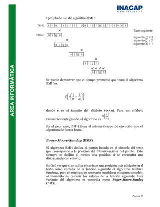Ejemplo de uso del algoritmo BMH:




Se puede demostrar que el tiempo promedio que toma el algoritmo
BMH es:




donde c es el tamaño del alfabeto (c<<n). Para un alfabeto

razonablemente grande, el algoritmo es          .

En el peor caso, BMH tiene el mismo tiempo de ejecución que el
algoritmo de fuerza bruta.


Boyer-Moore-Sunday (BMS)

El algoritmo BMH desliza el patrón basado en el símbolo del texto
que corresponde a la posición del último carácter del patrón. Este
siempre se desliza al menos una posición si se encuentra una
discrepancia con el texto.

Es fácil ver que si se utiliza el carácter una posición más adelante en el
texto como entrada de la función siguiente el algoritmo también
funciona, pero en este caso es necesario considerar el patrón completo
al momento de calcular los valores de la función siguiente. Esta
variante del algoritmo es conocida como Boyer-Moore-Sunday
(BMS).



                                                                 Página 95
 