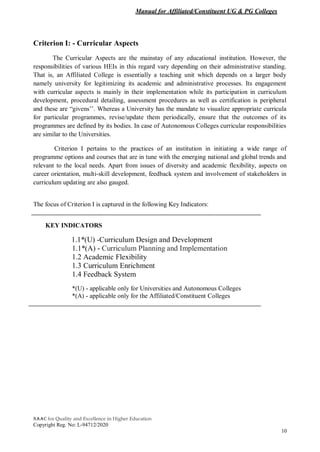 Manual for Affiliated/Constituent UG & PG Colleges
NAAC for Quality and Excellence in Higher Education
Copyright Reg. No: L-94712/2020
10
Criterion I: - Curricular Aspects
The Curricular Aspects are the mainstay of any educational institution. However, the
responsibilities of various HEIs in this regard vary depending on their administrative standing.
That is, an Affiliated College is essentially a teaching unit which depends on a larger body
namely university for legitimizing its academic and administrative processes. Its engagement
with curricular aspects is mainly in their implementation while its participation in curriculum
development, procedural detailing, assessment procedures as well as certification is peripheral
and these are “givens’’. Whereas a University has the mandate to visualize appropriate curricula
for particular programmes, revise/update them periodically, ensure that the outcomes of its
programmes are defined by its bodies. In case of Autonomous Colleges curricular responsibilities
are similar to the Universities.
Criterion I pertains to the practices of an institution in initiating a wide range of
programme options and courses that are in tune with the emerging national and global trends and
relevant to the local needs. Apart from issues of diversity and academic flexibility, aspects on
career orientation, multi-skill development, feedback system and involvement of stakeholders in
curriculum updating are also gauged.
The focus of Criterion I is captured in the following Key Indicators:
KEY INDICATORS
1.1*(U) -Curriculum Design and Development
1.1*(A) - Curriculum Planning and Implementation
1.2 Academic Flexibility
1.3 Curriculum Enrichment
1.4 Feedback System
*(U) - applicable only for Universities and Autonomous Colleges
*(A) - applicable only for the Affiliated/Constituent Colleges
 