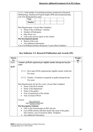 Manual for Affiliated/Constituent UG & PG Colleges
NAAC for Quality and Excellence in Higher Education
Copyright Reg. No: L-94712/2020
103
3.2.2.1: Total number of workshops/seminars conducted on Research
Methodology, Intellectual Property Rights (IPR) and entrepreneurship
year wise during last five years
Year
Number
Data Requirements: (As per Data Template)
 Name of the workshops / seminars
 Number of Participants
 Date (From -to)
 Link to the activity report on the website
File Description(Upload)
 Report of the event
 Any additional information
List of workshops/seminars during last 5 years (Data Template)
Key Indicator 3.3- Research Publication and Awards (25)
Metric
No.
Weight
age
3.3.1.
QnM
Number of Ph.Ds registered per eligible teacher during the last five
years
3.3.1.1 How many Ph.Ds registered per eligible teacher within last
five years
3.3.1.2 Number of teachers recognized as guides during the last
five years
Data Requirements for last five years: (As per Data Template)
 Name of the Ph.D scholar
 Name of the Department
 Name of the guide/s
 Year of registration of the scholar
 Year of award of Ph.D
Formula:
File Description (Upload)
 URL to the research page on HEI web site
 List of PhD scholars and their details like name of the guide ,
title of thesis, year of award etc (Data Template)
 Any additional information
5
 