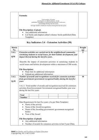 Manual for Affiliated/Constituent UG & PG Colleges
NAAC for Quality and Excellence in Higher Education
Copyright Reg. No: L-94712/2020
105
Formula:
File Description: (Upload)
 Any additional information
 List books and chapters edited volumes/ books published (Data
Template)
Key Indicators 3.4 – Extension Activities (50)
Metric
No.
Weight
age
3.4.1.
QlM
Extension activities are carried out in the neighborhood community,
sensitizing students to social issues, for their holistic development, and
impact thereof during the last five years.
Describe the impact of extension activities in sensitising students to
social issues and holistic development within a maximum of 500 words.
File Description:
 Paste link for additional information
 Upload any additional information
5
3.4.2.
QnM
Number of awards and recognitions received for extension activities
from government/ government recognised bodies during the last five
years
3.4.2.1. Total number of awards and recognition received for extension
activities from Government/ Government recognised bodies year wise
during the last five years.
Year
Number
Data Requirement for last five years: (As per Data Template)
 Name of the activity
 Name of the Award/recognition
 Name of the Awarding government/ government recognized
bodies
 Year of the Award
File Description: (Upload)
 Any additional information
 Number of awards for extension activities in last 5 year (Data
10
 