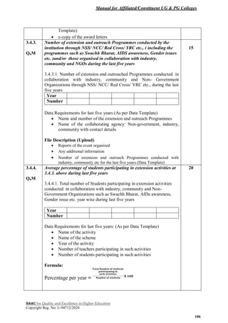 Manual for Affiliated/Constituent UG & PG Colleges
NAAC for Quality and Excellence in Higher Education
Copyright Reg. No: L-94712/2020
106
Template)
 e-copy of the award letters
3.4.3.
QnM
Number of extension and outreach Programmes conducted by the
institution through NSS/ NCC/ Red Cross/ YRC etc., ( including the
programmes such as Swachh Bharat, AIDS awareness, Gender issues
etc. )and/or those organised in collaboration with industry,
community and NGOs during the last five years
3.4.3.1. Number of extension and outreached Programmes conducted in
collaboration with industry, community and Non- Government
Organizations through NSS/ NCC/ Red Cross/ YRC etc., during the last
five years
Year
Number
Data Requirements for last five years (As per Data Template)
 Name and number of the extension and outreach Programmes
 Name of the collaborating agency: Non-government, industry,
community with contact details
File Description (Upload)
 Reports of the event organized
 Any additional information
 Number of extension and outreach Programmes conducted with
industry, community etc for the last five years (Data Template)
15
3.4.4.
QnM
Average percentage of students participating in extension activities at
3.4.3. above during last five years
3.4.4.1. Total number of Students participating in extension activities
conducted in collaboration with industry, community and Non-
Government Organizations such as Swachh Bharat, AIDs awareness,
Gender issue etc. year wise during last five years
Year
Number
Data Requirements for last five years: (As per Data Template)
 Name of the activity
 Name of the scheme
 Year of the activity
 Number of teachers participating in such activities
 Number of students participating in such activities
Formula:
Percentage per year =
20
 