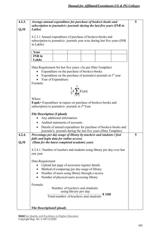 Manual for Affiliated/Constituent UG & PG Colleges
NAAC for Quality and Excellence in Higher Education
Copyright Reg. No: L-94712/2020
111
4.2.3.
QnM
Average annual expenditure for purchase of books/e-books and
subscription to journals/e- journals during the last five years (INR in
Lakhs)
4.2.3.1 Annual expenditure of purchase of books/e-books and
subscription to journals/e- journals year wise during last five years (INR
in Lakhs)
Year
INR in
Lakhs
Data Requirement for last five years: (As per Data Template)
 Expenditure on the purchase of books/e-books
 Expenditure on the purchase of journals/e-journals in ith
year
 Year of Expenditure:
Formula:
Where:
Expdi= Expenditure in rupees on purchase of books/e-books and
subscription to journals/e- journals in ith
Year
File Description (Upload)
 Any additional information
 Audited statements of accounts
 Details of annual expenditure for purchase of books/e-books and
journals/e- journals during the last five years (Data Template)
5
4.2.4.
QnM
Percentage per day usage of library by teachers and students ( foot
falls and login data for online access)
(Data for the latest completed academic year)
4.2.4.1. Number of teachers and students using library per day over last
one year
Data Requirement
 Upload last page of accession register details
 Method of computing per day usage of library
 Number of users using library through e-access
 Number of physical users accessing library
Formula:
File Description(Upload)
5
 
