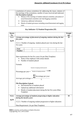 Manual for Affiliated/Constituent UG & PG Colleges
NAAC for Quality and Excellence in Higher Education
Copyright Reg. No: L-94712/2020
117
constitution of various committees for addressing the issues, minutes of
the meetings of the committees, number of cases received and redressed.
File Description (Upload)
 Minutes of the meetings of student redressal committee, prevention of
sexual harassment committee and Anti Ragging committee
 Upload any additional information
 Details of student grievances including sexual harassment and ragging
cases
Key Indicator- 5.2 Student Progression (25)
Metric
No.
Weight
age
5.2.1
QnM
Average percentage of placement of outgoing students during the last
five years
5.2.1.1: Number of outgoing students placed year wise during the last
five years
Year
Number
Data requirement for last five years (As per Data Template)
 Name of the employer with contact details
 Number of students placed
Formula:
Percentage per year =
File Description (Upload)
 Self attested list of students placed
 Upload any additional information
 Details of student placement during the last five years (Data
Template)
10
5.2.2.
QnM
Average percentage of students progressing to higher education
during the last five years
5.2.2.1. Number of outgoing student progression to higher education
Data Requirement: (As per Data Template)
10
 