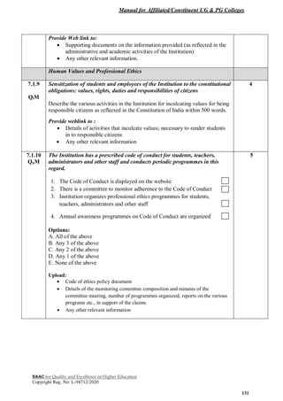 Manual for Affiliated/Constituent UG & PG Colleges
NAAC for Quality and Excellence in Higher Education
Copyright Reg. No: L-94712/2020
131
Provide Web link to:
 Supporting documents on the information provided (as reflected in the
administrative and academic activities of the Institution)
 Any other relevant information.
Human Values and Professional Ethics
7.1.9
QlM
Sensitization of students and employees of the Institution to the constitutional
obligations: values, rights, duties and responsibilities of citizens
Describe the various activities in the Institution for inculcating values for being
responsible citizens as reflected in the Constitution of India within 500 words.
Provide weblink to :
 Details of activities that inculcate values; necessary to render students
in to responsible citizens
 Any other relevant information
4
7.1.10
QnM
The Institution has a prescribed code of conduct for students, teachers,
administrators and other staff and conducts periodic programmes in this
regard.
1. The Code of Conduct is displayed on the website
2. There is a committee to monitor adherence to the Code of Conduct
3. Institution organizes professional ethics programmes for students,
teachers, administrators and other staff
4. Annual awareness programmes on Code of Conduct are organized
Options:
A. All of the above
B. Any 3 of the above
C. Any 2 of the above
D. Any 1 of the above
E. None of the above
Upload:
 Code of ethics policy document
 Details of the monitoring committee composition and minutes of the
committee meeting, number of programmes organized, reports on the various
programs etc., in support of the claims.
 Any other relevant information
5
 