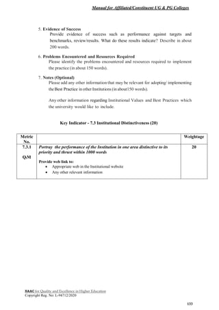 Manual for Affiliated/Constituent UG & PG Colleges
NAAC for Quality and Excellence in Higher Education
Copyright Reg. No: L-94712/2020
133
5. Evidence of Success
Provide evidence of success such as performance against targets and
benchmarks, review/results. What do these results indicate? Describe in about
200 words.
6. Problems Encountered and Resources Required
Please identify the problems encountered and resources required to implement
the practice (in about 150 words).
7. Notes (Optional)
Please add any other information that may be relevant for adopting/ implementing
the Best Practice in other Institutions (inabout150 words).
Any other information regarding Institutional Values and Best Practices which
the university would like to include.
Key Indicator - 7.3 Institutional Distinctiveness (20)
Metric
No.
Weightage
7.3.1
QlM
Portray the performance of the Institution in one area distinctive to its
priority and thrust within 1000 words
Provide web link to:
 Appropriate web in the Institutional website
 Any other relevant information
20
 