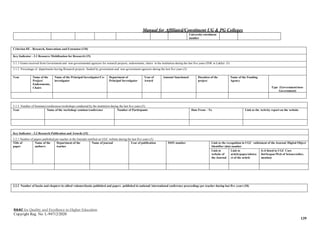 Manual for Affiliated/Constituent UG & PG Colleges
NAAC for Quality and Excellence in Higher Education
Copyright Reg. No: L-94712/2020
139
University enrolment
number
Criterion III – Research, Innovations and Extension (110)
Key Indicator - 3.1 Resource Mobilization for Research (15)
3.1.1 Grants received from Government and non-governmental agencies for research projects, endowments, chairs in the institution during the last five years (INR in Lakhs) (5)
3.1.2 Percentage of departments having Research projects funded by government and non-government agencies during the last five years (5)
Year Name of the
Project/
Endowments,
Chairs
Name of the Principal Investigator/Co-
investigator
Department of
Principal Investigator
Year of
Award
Amount Sanctioned Duration of the
project
Name of the Funding
Agency
Type (Government/non-
Government)
3.1.3 Number of Seminars/conferences/workshops conducted by the institution during the last five years (5)
Year Name of the workshop/ seminar/conference Number of Participants Date From – To Link to the Activity report on the website
Key Indicator - 3.2 Research Publication and Awards (15)
3.2.1 Number of papers published per teacher in the Journals notified on UGC website during the last five years (5)
Title of
paper
Name of the
author/s
Department of the
teacher
Name of journal Year of publication ISSN number Link to the recognition in UGC enlistment of the Journal /Digital Object
Identifier (doi) number
Link to
website of
the Journal
Link to
article/paper/abstra
ct of the article
Is it listed in UGC Care
list/Scopus/Web of Science/other,
mention
3.2.2 Number of books and chapters in edited volumes/books published and papers published in national/ international conference proceedings per teacher during last five years (10)
 
