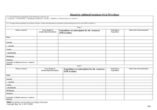 Manual for Affiliated/Constituent UG & PG Colleges
NAAC for Quality and Excellence in Higher Education
Copyright Reg. No: L-94712/2020
142
4.2.2 The institution has subscription for the following e-resources (6)
1. e-journals, 2. e-ShodhSindhu, 3. Shodhganga membersip, 4. e-books, 5. Databases, 6. Remote access to e- resources
4.2.3 Average annual expenditure for purchase of books/ e-books and subscription to journals/e-journals during the last five years (INR in Lakhs) (5)
Year 1
Library resources If yes, Details of
memberships/subscriptions
Expenditure on subscription for the resources
(INR in lakhs)
Total Library
Expenditure
Link to the relevant document
Books
Journals
e – journals
e-books
e-ShodhSindhu
Shodhganga
Databases
Local and / or Remote access to e- resources
(Specify)
Year 2
Library resources If yes, Details of
memberships/subscriptions
Expenditure on subscription for the resources
(INR in lakhs)
Total Library
Expenditure
Link to the relevant document
Books
Journals
e – journals
e-books
e-ShodhSindhu
Shodhganga
Databases
Local and / or Remote access to e- resources
(Specify)
 