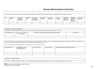 Manual for Affiliated/Constituent UG & PG Colleges
NAAC for Quality and Excellence in Higher Education
Copyright Reg. No: L-94712/2020
154
3.3.3 Number of books and chapters in edited volumes/books published and papers published in national/ international conference proceedings per teacher during last five years (10)
Sl. No. Name of the
teacher
Title of the
book/chapters
published
Title of the
paper
Title of the
proceedings of
the conference
Name of the
conference
National /
International
Year of
publication
ISBN/ISSN
number of the
proceeding
Affiliating
Institute at the
time of
publication
Name of the
publisher
Key Indicator - 3.4 Extension Activities (50)
3.4.2 Number of awards and recognitions received for extension activities from government /government recognised bodies during the last five years (10)
Name of the activity Name of the Award/ recognition
for the Institution
Name of the Awarding government/ government recognised bodies Year of award
3.4.3 Number of extension and outreached Programmes conducted by the institution through NSS/ NCC/ Red Cross/ YRC etc., ( including the programmes such as Swachh Bharat, AIDS awareness, Gender issues
etc. and/or those organised in collaboration with industry, community and NGOs during the last five years (15) &
3.4.4 Average percentage of students participating in extension activities as t above during last five years (20)
Name of the activity Organising unit/ agency/
collaborating agency
Name of the scheme Year of the activity Number of students participated in such activities
Key Indicator - 3.5 Collaboration (20)
3.5.1 Number of collaborations/linkages by Institutions for Faculty exchange, Student exchange, Internship, Field trip, On-the- job training, research etc during the last five years (10)
 