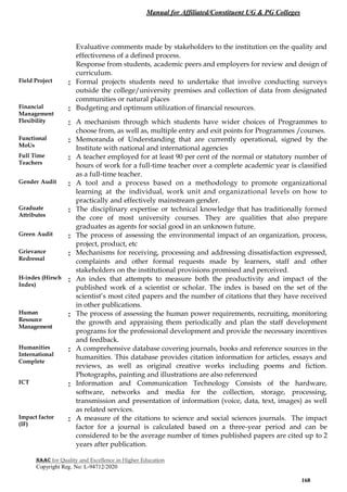Manual for Affiliated/Constituent UG & PG Colleges
NAAC for Quality and Excellence in Higher Education
Copyright Reg. No: L-94712/2020
168
Evaluative comments made by stakeholders to the institution on the quality and
effectiveness of a defined process.
Response from students, academic peers and employers for review and design of
curriculum.
Field Project : Formal projects students need to undertake that involve conducting surveys
outside the college/university premises and collection of data from designated
communities or natural places
Financial
Management
: Budgeting and optimum utilization of financial resources.
Flexibility : A mechanism through which students have wider choices of Programmes to
choose from, as well as, multiple entry and exit points for Programmes /courses.
Functional
MoUs
: Memoranda of Understanding that are currently operational, signed by the
Institute with national and international agencies
Full Time
Teachers
: A teacher employed for at least 90 per cent of the normal or statutory number of
hours of work for a full-time teacher over a complete academic year is classified
as a full-time teacher.
Gender Audit : A tool and a process based on a methodology to promote organizational
learning at the individual, work unit and organizational levels on how to
practically and effectively mainstream gender.
Graduate
Attributes
: The disciplinary expertise or technical knowledge that has traditionally formed
the core of most university courses. They are qualities that also prepare
graduates as agents for social good in an unknown future.
Green Audit : The process of assessing the environmental impact of an organization, process,
project, product, etc
Grievance
Redressal
: Mechanisms for receiving, processing and addressing dissatisfaction expressed,
complaints and other formal requests made by learners, staff and other
stakeholders on the institutional provisions promised and perceived.
H-index (Hirsch
Index)
: An index that attempts to measure both the productivity and impact of the
published work of a scientist or scholar. The index is based on the set of the
scientist’s most cited papers and the number of citations that they have received
in other publications.
Human
Resource
Management
: The process of assessing the human power requirements, recruiting, monitoring
the growth and appraising them periodically and plan the staff development
programs for the professional development and provide the necessary incentives
and feedback.
Humanities
International
Complete
: A comprehensive database covering journals, books and reference sources in the
humanities. This database provides citation information for articles, essays and
reviews, as well as original creative works including poems and fiction.
Photographs, painting and illustrations are also referenced
ICT : Information and Communication Technology Consists of the hardware,
software, networks and media for the collection, storage, processing,
transmission and presentation of information (voice, data, text, images) as well
as related services.
Impact factor
(IF)
: A measure of the citations to science and social sciences journals. The impact
factor for a journal is calculated based on a three-year period and can be
considered to be the average number of times published papers are cited up to 2
years after publication.
 