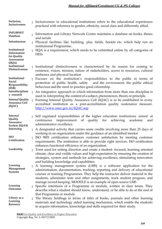 Manual for Affiliated/Constituent UG & PG Colleges
NAAC for Quality and Excellence in Higher Education
Copyright Reg. No: L-94712/2020
169
Inclusion,
Inclusiveness
: Inclusiveness in educational institutions refers to the educational experiences
practiced with reference to gender, ethnicity, social class and differently abled.
INFLIBNET
Database : Information and Library Network Centre maintains a database on books, theses
and serials
Infrastructure : Physical facilities like building, play fields, hostels etc. which help run an
institutional Programme.
Institutional
Information
for Quality
Assessment
(IIQA)
: IIQA is a requirement, which needs to be submitted online by all categories of
HEIs
Institutional
Distinctiveness
: Institutional distinctiveness is characterized by its reason for coming to
existence, vision, mission, nature of stakeholders, access to resources, cultural
ambience and physical location
Institutional
Social
Responsibility
(ISR)
: Focuses on the institution’s responsibilities to the public in terms of
protection of public health, safety and the environment, the public ethical
behaviour and the need to practice good citizenship.
Interdisciplinar
y research
: An integrative approach in which information from more than one discipline is
used in interpreting the content of a subject, phenomenon, theory or principle.
Internal Quality
Assurance Cell
(IQAC)
: Forming Internal Quality Assurance Cell (IQAC) is to be established in every
accredited institution as a post-accreditation quality sustenance measure.
http://www.naac.gov.in/IQAC.asp
Internal
Quality
Assurance
System (IQAS)
: Self regulated responsibilities of the higher education institutions aimed at
continuous improvement of quality for achieving academic and
administrative excellence.
Internship : A designated activity that carries some credits involving more than 25 days of
working in an organization under the guidance of an identified mentor
ISO
Certification
: ISO 9001 certification enhances customer satisfaction by meeting customer
requirements. The institution is able to provide right services. ISO certification
enhances functional efficiency of an organization.
Leadership : Term used for setting direction and create a student- focused, learning oriented
climate, clear and visible values and high expectation by ensuring the creation of
strategies, system and methods for achieving excellence, stimulating innovation
and building knowledge and capabilities
Learning
Management
Systems
: A learning management system (LMS) is a software application for the
administration, documentation, tracking, reporting and delivery of educational
courses or training Programmes. They help the instructor deliver material to the
students, administer tests and other assignments, track student progress, and
manage record-keeping. MOODLE is an example of open source LMS
Learning
Outcomes
: Specific intentions of a Programme or module, written in clear terms. They
describe what a student should know, understand, or be able to do at the end of
that Programme or module
Library as a
Learning
Resource
: The library holdings in terms of titles of books, journals and other learning
materials and technology aided learning mechanism, which enable the students
to acquire information, knowledge and skills required for their study.
 