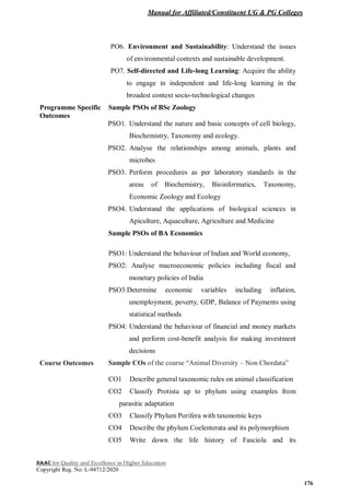 Manual for Affiliated/Constituent UG & PG Colleges
NAAC for Quality and Excellence in Higher Education
Copyright Reg. No: L-94712/2020
176
PO6. Environment and Sustainability: Understand the issues
of environmental contexts and sustainable development.
PO7. Self-directed and Life-long Learning: Acquire the ability
to engage in independent and life-long learning in the
broadest context socio-technological changes
Programme Specific
Outcomes
Sample PSOs of BSc Zoology
PSO1. Understand the nature and basic concepts of cell biology,
Biochemistry, Taxonomy and ecology.
PSO2. Analyse the relationships among animals, plants and
microbes
PSO3. Perform procedures as per laboratory standards in the
areas of Biochemistry, Bioinformatics, Taxonomy,
Economic Zoology and Ecology
PSO4. Understand the applications of biological sciences in
Apiculture, Aquaculture, Agriculture and Medicine
Sample PSOs of BA Economics
PSO1: Understand the behaviour of Indian and World economy,
PSO2: Analyse macroeconomic policies including fiscal and
monetary policies of India
PSO3:Determine economic variables including inflation,
unemployment, poverty, GDP, Balance of Payments using
statistical methods
PSO4: Understand the behaviour of financial and money markets
and perform cost-benefit analysis for making investment
decisions
Course Outcomes Sample COs of the course “Animal Diversity – Non Chordata”
CO1 Describe general taxonomic rules on animal classification
CO2 Classify Protista up to phylum using examples from
parasitic adaptation
CO3 Classify Phylum Porifera with taxonomic keys
CO4 Describe the phylum Coelenterata and its polymorphism
CO5 Write down the life history of Fasciola and its
 