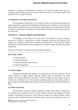 Manual for Affiliated/Constituent UG & PG Colleges
NAAC for Quality and Excellence in Higher Education
Copyright Reg. No: L-94712/2020
18
institution for academic and administrative purposes. The staff and students have access to
technology and information retrieval on current and relevant issues. The institution deploys and
employs ICTs for a range of activities.
4.4 Maintenance of Campus Infrastructure
Having adequate infrastructure is not enough for effective institutional functioning, but
regular maintenance and periodic replenishment of infrastructure is essential. It is necessary that
the institution has sufficient resources allocated for regular upkeep of the infrastructure and there
are effective mechanisms for the upkeep of the infrastructure facilities; and promote the optimum
use of the same.
Criterion V: - Student Support and Progression
The highlights of this Criterion V are the efforts of an institution to provide necessary
assistance to students, to enable them to acquire meaningful experiences for learning at the
campus and to facilitate their holistic development and progression. It also looks into student
performance and alumni profiles and the progression of students to higher education and gainful
employment.
The focus of Criterion V is captured in the following Key Indicators:
KEY INDICATORS
5.1 Student Support
5.2 Student Progression
5.3 Student Participation and Activities
5.4 Alumni Engagement
5.1 Student Support
Facilitating mechanisms like guidance cell, placement cell, grievance redressal cell and
welfare measures to support students. Specially designed inputs are provided to the needy
students with learning difficulties. Provision is made for bridge and value added courses in
relevant areas. Institution has a well structured, organized guidance and counseling system in
place. Students benefited through scholarships, freeships and other means should be identified by
HEIs.
5.2 Student Progression
The Institution’s concern for student progression to higher studies and/or to employment
is a pertinent issue. Identify the reasons for poor attainment and plan and implement remedial
measures. Sustainable good practices which effectively support the students facilitate optimal
progression. The institutional provisions facilitate vertical movement of students from one level
 