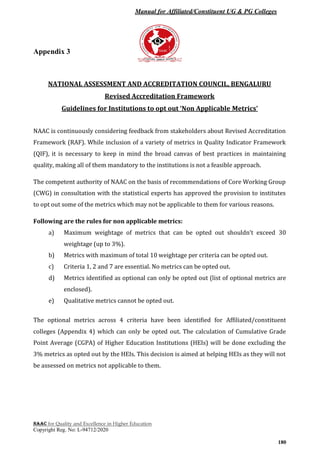 Manual for Affiliated/Constituent UG & PG Colleges
NAAC for Quality and Excellence in Higher Education
Copyright Reg. No: L-94712/2020
180
Appendix 3
NATIONAL ASSESSMENT AND ACCREDITATION COUNCIL, BENGALURU
Revised Accreditation Framework
Guidelines for Institutions to opt out ‘Non Applicable Metrics’
NAAC is continuously considering feedback from stakeholders about Revised Accreditation
Framework (RAF). While inclusion of a variety of metrics in Quality Indicator Framework
(QIF), it is necessary to keep in mind the broad canvas of best practices in maintaining
quality, making all of them mandatory to the institutions is not a feasible approach.
The competent authority of NAAC on the basis of recommendations of Core Working Group
(CWG) in consultation with the statistical experts has approved the provision to institutes
to opt out some of the metrics which may not be applicable to them for various reasons.
Following are the rules for non applicable metrics:
a) Maximum weightage of metrics that can be opted out shouldn’t exceed 30
weightage (up to 3%).
b) Metrics with maximum of total 10 weightage per criteria can be opted out.
c) Criteria 1, 2 and 7 are essential. No metrics can be opted out.
d) Metrics identified as optional can only be opted out (list of optional metrics are
enclosed).
e) Qualitative metrics cannot be opted out.
The optional metrics across 4 criteria have been identified for Affiliated/constituent
colleges (Appendix 4) which can only be opted out. The calculation of Cumulative Grade
Point Average (CGPA) of Higher Education Institutions (HEIs) will be done excluding the
3% metrics as opted out by the HEIs. This decision is aimed at helping HEIs as they will not
be assessed on metrics not applicable to them.
 