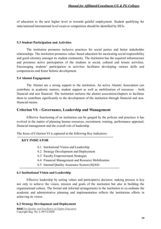 Manual for Affiliated/Constituent UG & PG Colleges
NAAC for Quality and Excellence in Higher Education
Copyright Reg. No: L-94712/2020
19
of education to the next higher level or towards gainful employment. Student qualifying for
state/national/international level exam or competition should be identified by HEIs.
5.3 Student Participation and Activities
The institution promotes inclusive practices for social justice and better stakeholder
relationships. The institution promotes value- based education for inculcating social responsibility
and good citizenry amongst its student community. The institution has the required infrastructure
and promotes active participation of the students in social, cultural and leisure activities.
Encouraging students’ participation in activities facilitates developing various skills and
competencies and foster holistic development.
5.4 Alumni Engagement
The Alumni are a strong support to the institution. An active Alumni Association can
contribute in academic matters, student support as well as mobilization of resources – both
financial and non financial. The institution nurtures the alumni association/chapters to facilitate
them to contribute significantly to the development of the institution through financial and non-
financial means.
Criterion VI: - Governance, Leadership and Management
Effective functioning of an institution can be gauged by the policies and practices it has
evolved in the matter of planning human resources, recruitment, training, performance appraisal,
financial management and the overall role of leadership.
The focus of Criterion VI is captured in the following Key Indicators:
KEY INDICATOR
6.1 Institutional Vision and Leadership
6.2 Strategy Development and Deployment
6.3 Faculty Empowerment Strategies
6.4 Financial Management and Resource Mobilization
6.5 Internal Quality Assurance System (IQAS)
6.1 Institutional Vision and Leadership
Effective leadership by setting values and participative decision- making process is key
not only to achieve the vision, mission and goals of the institution but also in building the
organizational culture. The formal and informal arrangements in the institution to co-ordinate the
academic and administrative planning and implementation reflects the institutions efforts in
achieving its vision.
6.2 Strategy Development and Deployment
 