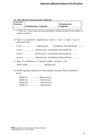 Manual for Affiliated/Constituent UG & PG Colleges
NAAC for Quality and Excellence in Higher Education
Copyright Reg. No: L-94712/2020
45
19. Please fill in the following details if applicable:
Unit Cost of
Education
Including Salary Component
Excluding Salary
Component
* (Unit cost = total annual recurring expenditure (actual) divided by total number of
students enrolled )
20. Date of accreditation* (applicable for Cycle 2, Cycle 3, Cycle 4 and re-
assessment only)
Cycle 1: ……………… (dd/mm/yyyy) Accreditation Outcome/Result….…....
Cycle 2: ……………… (dd/mm/yyyy) Accreditation Outcome/Result….…....
Cycle3: ……………… (dd/mm/yyyy) Accreditation Outcome/Result…….....
Cycle 4:………………. (dd/mm/yyyy) Accreditation Outcome/Result…….....
21. Date of establishment of Internal Quality Assurance Cell
(IQAC) IQAC …………………… (dd/mm/yyyy)
22. Details regarding submission of Annual Quality Assurance Reports (AQAR) to
NAAC
AQAR (i) ……………… (dd/mm/yyyy)
AQAR (ii) ……………… (dd/mm/yyyy)
AQAR (iii) ……………… (dd/mm/yyyy)
AQAR (iv) ……………… (dd/mm/yyyy)
 