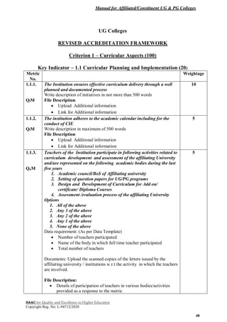 Manual for Affiliated/Constituent UG & PG Colleges
NAAC for Quality and Excellence in Higher Education
Copyright Reg. No: L-94712/2020
48
UG Colleges
REVISED ACCREDITATION FRAMEWORK
Criterion 1 – Curricular Aspects (100)
Key Indicator – 1.1 Curricular Planning and Implementation (20)
Metric
No.
Weightage
1.1.1.
QlM
The Institution ensures effective curriculum delivery through a well
planned and documented process
Write description of initiatives in not more than 500 words
File Description
 Upload Additional information
 Link for Additional information
10
1.1.2.
QlM
The institution adheres to the academic calendar including for the
conduct of CIE
Write description in maximum of 500 words
File Description
 Upload Additional information
 Link for Additional information
5
1.1.3.
QnM
Teachers of the Institution participate in following activities related to
curriculum development and assessment of the affiliating University
and/are represented on the following academic bodies during the last
five years
1. Academic council/BoS of Affiliating university
2. Setting of question papers for UG/PG programs
3. Design and Development of Curriculum for Add on/
certificate/ Diploma Courses
4. Assessment /evaluation process of the affiliating University
Options
1. All of the above
2. Any 3 of the above
3. Any 2 of the above
4. Any 1 of the above
5. None of the above
Data requirement: (As per Data Template)
 Number of teachers participated
 Name of the body in which full time teacher participated
 Total number of teachers
Documents: Upload the scanned copies of the letters issued by the
affiliating university / institutions w.r.t the activity in which the teachers
are involved.
File Description:
 Details of participation of teachers in various bodies/activities
provided as a response to the metric
5
 