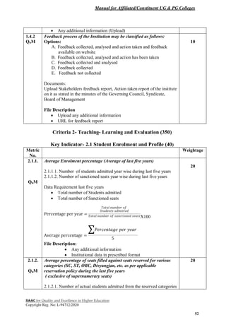 Manual for Affiliated/Constituent UG & PG Colleges
NAAC for Quality and Excellence in Higher Education
Copyright Reg. No: L-94712/2020
52
 Any additional information (Upload)
1.4.2
QnM
Feedback process of the Institution may be classified as follows:
Options:
A. Feedback collected, analysed and action taken and feedback
available on website
B. Feedback collected, analysed and action has been taken
C. Feedback collected and analysed
D. Feedback collected
E. Feedback not collected
Documents:
Upload Stakeholders feedback report, Action taken report of the institute
on it as stated in the minutes of the Governing Council, Syndicate,
Board of Management
File Description
 Upload any additional information
 URL for feedback report
10
Criteria 2- Teaching- Learning and Evaluation (350)
Key Indicator- 2.1 Student Enrolment and Profile (40)
Metric
No.
Weightage
2.1.1.
QnM
Average Enrolment percentage (Average of last five years)
2.1.1.1. Number of students admitted year wise during last five years
2.1.1.2. Number of sanctioned seats year wise during last five years
Data Requirement last five years
 Total number of Students admitted
 Total number of Sanctioned seats
X100
File Description:
 Any additional information
 Institutional data in prescribed format
20
2.1.2.
QnM
Average percentage of seats filled against seats reserved for various
categories (SC, ST, OBC, Divyangjan, etc. as per applicable
reservation policy during the last five years
( exclusive of supernumerary seats)
2.1.2.1. Number of actual students admitted from the reserved categories
20
 