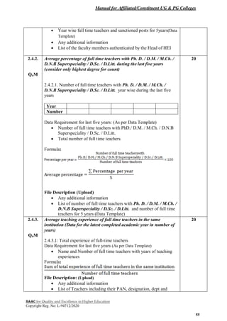Manual for Affiliated/Constituent UG & PG Colleges
NAAC for Quality and Excellence in Higher Education
Copyright Reg. No: L-94712/2020
55
 Year wise full time teachers and sanctioned posts for 5years(Data
Template)
 Any additional information
 List of the faculty members authenticated by the Head of HEI
2.4.2.
QnM
Average percentage of full time teachers with Ph. D. / D.M. / M.Ch. /
D.N.B Superspeciality / D.Sc. / D.Litt. during the last five years
(consider only highest degree for count)
2.4.2.1. Number of full time teachers with Ph. D. / D.M. / M.Ch. /
D.N.B Superspeciality / D.Sc. / D.Litt. year wise during the last five
years
Year
Number
Data Requirement for last five years: (As per Data Template)
 Number of full time teachers with PhD./ D.M. / M.Ch. / D.N.B
Superspeciality / D.Sc. / D.Litt.
 Total number of full time teachers
Formula:
File Description (Upload)
 Any additional information
 List of number of full time teachers with Ph. D. / D.M. / M.Ch. /
D.N.B Superspeciality / D.Sc. / D.Litt. and number of full time
teachers for 5 years (Data Template)
20
2.4.3.
QnM
Average teaching experience of full time teachers in the same
institution (Data for the latest completed academic year in number of
years)
2.4.3.1: Total experience of full-time teachers
Data Requirement for last five years (As per Data Template)
 Name and Number of full time teachers with years of teaching
experiences
Formula:
File Description: (Upload)
 Any additional information
 List of Teachers including their PAN, designation, dept and
20
 