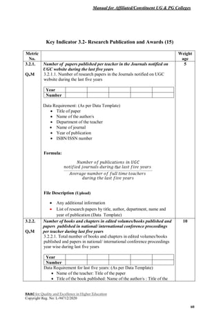 Manual for Affiliated/Constituent UG & PG Colleges
NAAC for Quality and Excellence in Higher Education
Copyright Reg. No: L-94712/2020
60
Key Indicator 3.2- Research Publication and Awards (15)
Metric
No.
Weight
age
3.2.1.
QnM
Number of papers published per teacher in the Journals notified on
UGC website during the last five years
3.2.1.1. Number of research papers in the Journals notified on UGC
website during the last five years
Year
Number
Data Requirement: (As per Data Template)
 Title of paper
 Name of the author/s
 Department of the teacher
 Name of journal
 Year of publication
 ISBN/ISSN number
Formula:
File Description (Upload)
 Any additional information
 List of research papers by title, author, department, name and
year of publication (Data Template)
5
3.2.2.
QnM
Number of books and chapters in edited volumes/books published and
papers published in national/ international conference proceedings
per teacher during last five years
3.2.2.1. Total number of books and chapters in edited volumes/books
published and papers in national/ international conference proceedings
year wise during last five years
Year
Number
Data Requirement for last five years: (As per Data Template)
 Name of the teacher: Title of the paper
 Title of the book published: Name of the author/s : Title of the
10
 