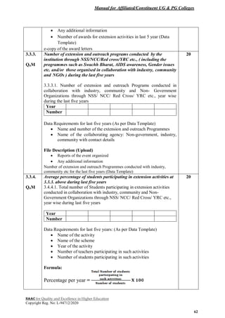 Manual for Affiliated/Constituent UG & PG Colleges
NAAC for Quality and Excellence in Higher Education
Copyright Reg. No: L-94712/2020
62
 Any additional information
 Number of awards for extension activities in last 5 year (Data
Template)
e-copy of the award letters
3.3.3.
QnM
Number of extension and outreach programs conducted by the
institution through NSS/NCC/Red cross/YRC etc., ( including the
programmes such as Swachh Bharat, AIDS awareness, Gender issues
etc. and/or those organised in collaboration with industry, community
and NGOs ) during the last five years
3.3.3.1. Number of extension and outreach Programs conducted in
collaboration with industry, community and Non- Government
Organizations through NSS/ NCC/ Red Cross/ YRC etc., year wise
during the last five years
Year
Number
Data Requirements for last five years (As per Data Template)
 Name and number of the extension and outreach Programmes
 Name of the collaborating agency: Non-government, industry,
community with contact details
File Description (Upload)
 Reports of the event organized
 Any additional information
Number of extension and outreach Programmes conducted with industry,
community etc for the last five years (Data Template)
20
3.3.4.
QnM
Average percentage of students participating in extension activities at
3.3.3. above during last five years
3.4.4.1. Total number of Students participating in extension activities
conducted in collaboration with industry, community and Non-
Government Organizations through NSS/ NCC/ Red Cross/ YRC etc.,
year wise during last five years
Year
Number
Data Requirements for last five years: (As per Data Template)
 Name of the activity
 Name of the scheme
 Year of the activity
 Number of teachers participating in such activities
 Number of students participating in such activities
Formula:
Percentage per year =
20
 