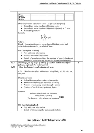 Manual for Affiliated/Constituent UG & PG Colleges
NAAC for Quality and Excellence in Higher Education
Copyright Reg. No: L-94712/2020
67
Year
INR in
Lakhs
Data Requirement for last five years: (As per Data Template)
 Expenditure on the purchase of books/e-books
 Expenditure on the purchase of journals/e-journals in ith
year
 Year of Expenditure:
Formula:
Where:
Expdi= Expenditure in rupees on purchase of books/e-books and
subscription to journals/e- journals in ith
Year
File Description (Upload)
 Any additional information
 Audited statements of accounts
 Details of annual expenditure for purchase of books/e-books and
journals/e- journals during the last five years (Data Template)
4.2.4
QnM
Percentage per day usage of library by teachers and students ( foot
falls and login data for online access)
(Data for the latest completed academic year)
4.2.6.1. Number of teachers and students using library per day over last
one year
Data Requirement
 Upload last page of accession register details
 Method of computing per day usage of library
 Number of users using library through e-access
 Number of physical users accessing library
Formula:
File Description(Upload)
 Any additional information
 Details of library usage by teachers and students
5
Key Indicator- 4.3 IT Infrastructure (30)
 