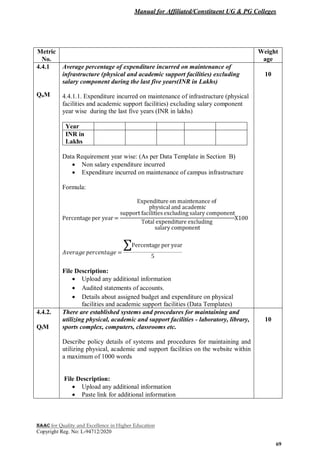 Manual for Affiliated/Constituent UG & PG Colleges
NAAC for Quality and Excellence in Higher Education
Copyright Reg. No: L-94712/2020
69
Metric
No.
Weight
age
4.4.1
QnM
Average percentage of expenditure incurred on maintenance of
infrastructure (physical and academic support facilities) excluding
salary component during the last five years(INR in Lakhs)
4.4.1.1. Expenditure incurred on maintenance of infrastructure (physical
facilities and academic support facilities) excluding salary component
year wise during the last five years (INR in lakhs)
Year
INR in
Lakhs
Data Requirement year wise: (As per Data Template in Section B)
 Non salary expenditure incurred
 Expenditure incurred on maintenance of campus infrastructure
Formula:
File Description:
 Upload any additional information
 Audited statements of accounts.
 Details about assigned budget and expenditure on physical
facilities and academic support facilities (Data Templates)
10
4.4.2.
QlM
There are established systems and procedures for maintaining and
utilizing physical, academic and support facilities - laboratory, library,
sports complex, computers, classrooms etc.
Describe policy details of systems and procedures for maintaining and
utilizing physical, academic and support facilities on the website within
a maximum of 1000 words
File Description:
 Upload any additional information
 Paste link for additional information
10
 