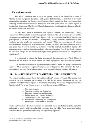 Manual for Affiliated/Constituent UG & PG Colleges
NAAC for Quality and Excellence in Higher Education
Copyright Reg. No: L-94712/2020
9
Focus of Assessment
The NAAC continues with its focus on quality culture of the institution in terms of
Quality Initiatives, Quality Sustenance and Quality Enhancement, as reflected in its vision,
organization, operations and the processes. Experience has reiterated that these can be ascertained
either by on site observations and/or through the facts and figures about the various aspects of
institutional functioning. The Revised Manual places greater confidence in the latter as reflective
of internal institutional processes.
In line with NAAC’s conviction that quality concerns are institutional, Quality
Assessment (QA) can better be done through self-evaluation. The self-evaluation process and the
subsequent preparation of the Self Study Report (SSR) to be submitted to NAAC involves the
participation of all the stakeholders – management, faculty members, administrative staff,
students, parents, employers, community and alumni. While the participation of internal
stakeholders i.e. management, staff and students provide credibility and ownership to the activity
and could lead to newer initiatives, interaction with the external stakeholders facilitate the
development process of the institution and their educational services. Overall, the QA is expected
to serve as a catalyst for institutional self-improvement, promote innovation and strengthen the
urge to excel.
It is attempted to enlarge the digital coverage of the entire process of A&A. This, it is
believed, will not only accelerate the process but also bring in greater objectivity into the process.
The possible differentiation required in respect of HEIs which are going for subsequent
cycles of A&A, appropriate scope has been provided in the process. This will allow the HEIs to
appropriately represent the developments they have attempted after the previous A&A cycle.
III. QUALITY INDICATOR FRAMEWORK (QIF) - DESCRIPTION
The criteria based assessment forms the backbone of A&A process of NAAC. The seven criteria
represent the core functions and activities of a HEI. In the revised framework not only the
academic and administrative aspects of institutional functioning but also the emerging issues have
been included. The seven Criteria to serve as basis for assessment of HEIs are:
1. Curricular Aspects
2. Teaching-Learning and Evaluation
3. Research, Innovations and Extension
4. Infrastructure and Learning Resources
5. Student Support and Progression
6. Governance, Leadership and Management
7. Institutional Values and Best Practices
Under each Criterion a few Key Indicators are identified. These Key Indicators (KIs) are further
delineated as Metrics which actually elicit responses from the HEIs. These seven criteria along
with their KIs are given below explicating the aspects they represent.
 