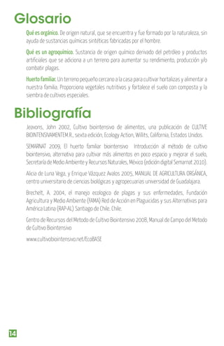 Glosario
Qué es orgánico. De origen natural, que se encuentra y fue formado por la naturaleza, sin
ayuda de sustancias químicas sintéticas fabricadas por el hombre.
Qué es un agroquímico. Sustancia de origen químico derivado del petróleo y productos
artiﬁciales que se adiciona a un terreno para aumentar su rendimiento, producción y/o
combatir plagas.
Huerto familiar. Un terreno pequeño cercano a la casa para cultivar hortalizas y alimentar a
nuestra familia. Proporciona vegetales nutritivos y fortalece el suelo con composta y la
siembra de cultivos especiales.

Bibliografía
Jeavons, John 2002, Cultivo biointensivo de alimentos, una publicación de CULTIVE
BIOINTENSIVAMENTEM.R., sexta edición, Ecology Action, Willits, California, Estados Unidos.
SEMARNAT 2009, El huerto familiar biointensivo Introducción al método de cultivo
biointensivo, alternativa para cultivar más alimentos en poco espacio y mejorar el suelo,
Secretaría de Medio Ambiente y Recursos Naturales, México (edición digital Semarnat 2010).
Alicia de Luna Vega, y Enrique Vázquez Avalos 2005, MANUAL DE AGRICULTURA ORGÁNICA,
centro universitario de ciencias biológicas y agropecuarias universidad de Guadalajara.
Brechelt, A. 2004, el manejo ecologico de plagas y sus enfermedades, Fundación
Agricultura y Medio Ambiente (FAMA) Red de Acción en Plaguicidas y sus Alternativas para
América Latina (RAP-AL) Santiago de Chile. Chile.
Centro de Recursos del Metodo de Cultivo Biointensivo 2008, Manual de Campo del Metodo
de Cultivo Biointensivo
www.cultivobiointensivo.net/EcoBASE

14

 