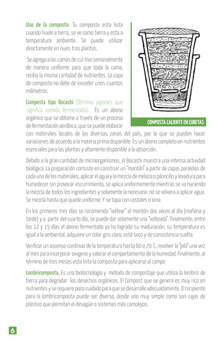 Uso de la composta. Tu composta esta lista
cuando huele a tierra, se ve como tierra y esta a
temperatura ambiente. Se puede utilizar
directamente en nues tras plantas.
Se agrega a las camas de cul tivo semanalmente
de manera uniforme para que toda la cama,
reciba la misma cantidad de nutrientes. La capa
de composta no debe de exceder unos cuantos
milímetros.

Composta tipo Bocashi (Término japonés que
signiﬁca comida fermentada). Es un abono
orgánico que se obtiene a través de un proceso
COMPOSTA CALIENTE EN CUBETAS
de fermentación aeróbica, que se puede elaborar
con materiales locales de las diversas zonas del país, por lo que se pueden hacer
variaciones de acuerdo a la materia prima disponible. Es un abono completo en nutrientes
esenciales para las plantas y altamente disponible a la absorción.
Debido a la gran cantidad de microorganismos, el Bocashi muestra una intensa actividad
biológica. La preparación consiste en construir un “montón” a partir de capas paralelas de
cada uno de los materiales, aplicar el agua y la mezcla de melaza o piloncillo y levadura para
humedecer sin provocar escurrimiento, se aplica uniformemente mientras se va haciendo
la mezcla de todos los ingredientes y solamente la necesaria. no se volvera a aplicar agua.
Se mezcla hasta que quede uniforme. Y se tapa con costales o lona.
En los primeros tres días se recomienda “voltear” el montón dos veces al día (mañana y
tarde) y a partir del cuarto día, se puede dar solamente una “volteada”. Finalmente, entre
los 12 y 15 días el abono fermentado ya ha logrado su maduración, su temperatura es
igual a la ambiental, adquiere un color gris claro, está seco y de consistencia suelta.
Veriﬁcar un ascenso continuo de la temperatura hasta 60 o 70 C, revolver la “pila” una vez
al mes para incorporar oxigeno y valorar el comportamiento de la humedad. Finalmente, al
término de tres meses esta lista la composta para aplicarse al campo

Lombricomposta. Es una biotecnología y método de compostaje que utiliza la lombriz de
tierra para degradar los desechos orgánicos. El Compost que se genera es muy rico en
nutrientes y se requiere poco cuidado para que se desarrolle adecuadamente. El recipiente
para la lombricomposta puede ser diverso, desde uno muy simple como son cajas de
plástico que permitan el desagüe o sistemas más complejos.

6

 