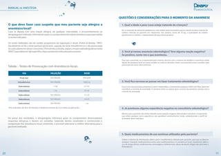 1. Qual a idade e peso (caso esteja tratando de crianças)?
Em se tratando de pacientes pediátricos, estes dados serão necessários para o cálculo da dose máxima de
tubetes indicada ao paciente em tratamento. Aos adultos, acima de 70 kg, a quantidade de tubetes
geralmente se mantém, independente do peso deste paciente.
QUESTÕES E CONSIDERAÇÕES PARA O MOMENTO DA ANAMNESE
3. Você fica nervoso ao pensar em fazer tratamento odontológico?
Essa é uma das principais perguntas a serem respondidas. Constatando qualquer indício de fobia, devemos
considerar o controle de ansiedade. É consenso entre os autores que o sucesso da anestesia começa com o
controle da ansiedade.
4. Já aconteceu alguma experiência negativa no consultório odontológico?
Mesmo que o paciente não tenha relatado outra situação negativa relacionada à anestesia, é importante
que relate qualquer outra experiência não agradável eventualmente vivida, estabelecendo o perfil de
ansiedade deste indivíduo.
5. Quais medicamentos de uso contínuo utilizados pelo paciente?
Colete o máximo de informações sobre a poli e multifarmácia utilizada pelo paciente, para que se observe
qualquer interação medicamentosa entre estes medicamentos e os anestésicos locais. Questionar sobre o
uso de drogas ilícitas, medicamentos anorexígenos (anfetaminas), abuso de álcool, drogas não prescritas e
fitoterápicos
Peça que o paciente, ou o responsável pelo mesmo, discorra com o máximo de detalhes a ocorrência vivida
diante da anestesia local em outra ocasião na visita ao dentista. Assim, será possível tomar condutas para
prevenção de novas intercorrências.
2. Você já tomou anestesia odontológica? Teve alguma reação negativa?
Se positivo, conte-me o que aconteceu.
11
O que devo fazer caso suspeite que meu paciente seja alérgico a
anestésicolocal?
Caso se depare com uma reação alérgica, de qualquer intensidade, o encaminhamento ao
alergologista é indicado, informando quais os componentes do tubete anestésico paraque realize
ostestesindicados.
Os testes realizados são de caráter progressivo de exposição e doses (Fisher & Bowey, 1997).
Inicialmente se faz o teste pontual (prick test), seguido do teste intradérmico e o de provocação
nosubcutâneoemdosescrescentes.Persistindoadúvida,segueoensaioradioalergoabsorvente
(RAST)paradetectarIgEespecífica.Vejaoprotocoloindicadopelosautores:
Tabela – Testes de Provocação com Anestésicos locais
VIA
Prick test
DILUIÇÃO DOSE
Sem diluição
Sem diluição
Sem diluição
Sem diluição
Sem diluição
1:100
1:10
Intradérmico
Subcutâneo
Subcutâneo
Subcutâneo
Subcutâneo
Subcutâneo
Uma gota
0,002 ml
0,1 ml
0,1 ml
0,1 ml
0,5 ml
1 ml
1Em intervalos de 20 a 30 minutos e distância mínima de 4 cm entre as aplicações
MANUAL DE ANESTESIA
22
De posse dos resultados, o alergologista informará quais os componentes desencadeiam
respostas alérgicas e devem ser evitados. Sabendo destes resultados e conhecendo a
composição dos anestésicos locais existentes, é possível selecionar a melhor alternativa para o
pacienteanalisado.
 