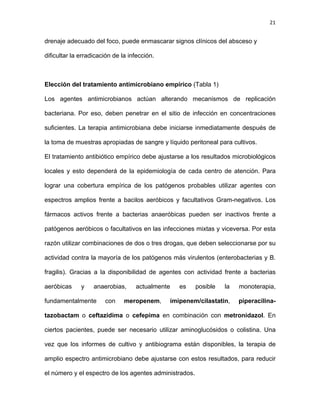 21
drenaje adecuado del foco, puede enmascarar signos clínicos del absceso y
dificultar la erradicación de la infección.
Elección del tratamiento antimicrobiano empírico (Tabla 1)
Los agentes antimicrobianos actúan alterando mecanismos de replicación
bacteriana. Por eso, deben penetrar en el sitio de infección en concentraciones
suficientes. La terapia antimicrobiana debe iniciarse inmediatamente después de
la toma de muestras apropiadas de sangre y líquido peritoneal para cultivos.
El tratamiento antibiótico empírico debe ajustarse a los resultados microbiológicos
locales y esto dependerá de la epidemiología de cada centro de atención. Para
lograr una cobertura empírica de los patógenos probables utilizar agentes con
espectros amplios frente a bacilos aeróbicos y facultativos Gram-negativos. Los
fármacos activos frente a bacterias anaeróbicas pueden ser inactivos frente a
patógenos aeróbicos o facultativos en las infecciones mixtas y viceversa. Por esta
razón utilizar combinaciones de dos o tres drogas, que deben seleccionarse por su
actividad contra la mayoría de los patógenos más virulentos (enterobacterias y B.
fragilis). Gracias a la disponibilidad de agentes con actividad frente a bacterias
aeróbicas y anaerobias, actualmente es posible la monoterapia,
fundamentalmente con meropenem, imipenem/cilastatin, piperacilina-
tazobactam o ceftazidima o cefepima en combinación con metronidazol. En
ciertos pacientes, puede ser necesario utilizar aminoglucósidos o colistina. Una
vez que los informes de cultivo y antibiograma están disponibles, la terapia de
amplio espectro antimicrobiano debe ajustarse con estos resultados, para reducir
el número y el espectro de los agentes administrados.
 
