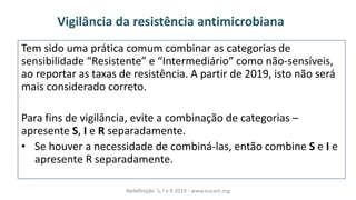 Vigilância da resistência antimicrobiana
Tem sido uma prática comum combinar as categorias de
sensibilidade Resistente àeà Intermediário àcomo não-sensíveis,
ao reportar as taxas de resistência. A partir de 2019, isto não será
mais considerado correto.
Para fins de vigilância, evite a combinação de categorias –
apresente S, I e R separadamente.
• Se houver a necessidade de combiná-las, então combine S e I e
apresente R separadamente.
Redefinição S, I e R 2019 - www.eucast.org
 