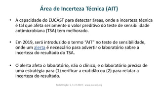 Área de Incerteza Técnica (AIT)
• A capacidade do EUCAST para detectar áreas, onde a incerteza técnica
é tal que afeta seriamente o valor preditivo do teste de sensibilidade
antimicrobiana (TSA) tem melhorado.
• Em 2019, será introduzido o termo áIT à oàtesteàdeàsensibilidade,
onde um alerta é necessário para advertir o laboratório sobre a
incerteza do resultado do TSA.
• O alerta afeta o laboratório, não o clínico, e o laboratório precisa de
uma estratégia para (1) verificar a exatidão ou (2) para relatar a
incerteza do resultado.
Redefinição S, I e R 2019 - www.eucast.org
 