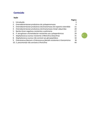 2
Conteúdo
Seção
Página
1. Introdução 3
2. Enterobacteriaceae produtoras de carbapenemases 4
3. Enterobacteriaceae produtoras de β-lactamases de espectro estendido 11
4. Enterobacteriaceae produtoras de β-lactamases AmpC adquiridas 20
5. Bacilos Gram negativos resistentes a polimixina 27
6. P. aeruginosa e Acinetobacter resistentes aos carbapenêmicos 29
7. Staphylococcus aureus resistente à Meticilina (Oxacilina) 31
8. Staphylococcus aureus não sensível aos glicopeptídeos 34
9. Enterococcus faecium e Enterococcus faecalis resistentes à Vancomicina 39
10. S. pneumoniae não sensíveis à Penicilina 44
 