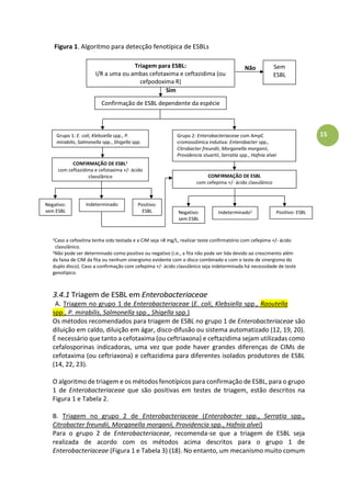 15
Figura 1. Algoritmo para detecção fenotípica de ESBLs
1Caso a cefoxitina tenha sido testada e a CIM seja >8 mg/L, realizar teste confirmatório com cefepima +/- ácido
clavulânico.
2Não pode ser determinado como positivo ou negativo (i.e., a fita não pode ser lida devido ao crescimento além
da faixa de CIM da fita ou nenhum sinergismo evidente com o disco combinado e com o teste de sinergismo do
duplo disco). Caso a confirmação com cefepima +/- ácido clavulânico seja indeterminada há necessidade de teste
genotípico.
3.4.1 Triagem de ESBL em Enterobacteriaceae
A. Triagem no grupo 1 de Enterobacteriaceae (E. coli, Klebsiella spp., Raoutella
spp., P. mirabilis, Salmonella spp., Shigella spp.)
Os métodos recomendados para triagem de ESBL no grupo 1 de Enterobacteriaceae são
diluição em caldo, diluição em ágar, disco-difusão ou sistema automatizado (12, 19, 20).
É necessário que tanto a cefotaxima (ou ceftriaxona) e ceftazidima sejam utilizadas como
cefalosporinas indicadoras, uma vez que pode haver grandes diferenças de CIMs de
cefotaxima (ou ceftriaxona) e ceftazidima para diferentes isolados produtores de ESBL
(14, 22, 23).
O algoritmo de triagem e os métodos fenotípicos para confirmação de ESBL, para o grupo
1 de Enterobacteriaceae que são positivas em testes de triagem, estão descritos na
Figura 1 e Tabela 2.
B. Triagem no grupo 2 de Enterobacteriaceae (Enterobacter spp., Serratia spp.,
Citrobacter freundii, Morganella morganii, Providencia spp., Hafnia alvei)
Para o grupo 2 de Enterobacteriaceae, recomenda-se que a triagem de ESBL seja
realizada de acordo com os métodos acima descritos para o grupo 1 de
Enterobacteriaceae (Figura 1 e Tabela 3) (18). No entanto, um mecanismo muito comum
Triagem para ESBL:
I/R a uma ou ambas cefotaxima e ceftazidima (ou
cefpodoxima R)
Sem
ESBL
Não
Sim
Confirmação de ESBL dependente da espécie
Grupo 1: E. coli, Klebsiella spp., P.
mirabilis, Salmonella spp., Shigella spp.
Grupo 2: Enterobacteriaceae com AmpC
cromossômica indutiva: Enterobacter spp.,
Citrobacter freundii, Morganella morganii,
Providencia stuartii, Serratia spp., Hafnia alvei
CONFIRMAÇÃO DE ESBL1
com ceftazidima e cefotaxima +/- ácido
clavulânico CONFIRMAÇÃO DE ESBL
com cefepima +/- ácido clavulânico
Positivo: ESBL
Negativo:
sem ESBL
Indeterminado2
2
Positivo:
ESBL
Negativo:
sem ESBL
Indeterminado
 