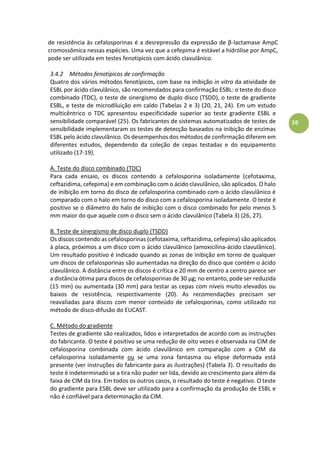 16
deàresist iaà sà efalospori asàéàaàdesrepressãoàdaàexpressãoàdeàβ-lactamase AmpC
cromossômica nessas espécies. Uma vez que a cefepima é estável a hidrólise por AmpC,
pode ser utilizada em testes fenotípicos com ácido clavulânico.
3.4.2 Métodos fenotípicos de confirmação
Quatro dos vários métodos fenotípicos, com base na inibição in vitro da atividade de
ESBL por ácido clavulânico, são recomendados para confirmação ESBL: o teste do disco
combinado (TDC), o teste de sinergismo de duplo disco (TSDD), o teste de gradiente
ESBL, e teste de microdiluição em caldo (Tabelas 2 e 3) (20, 21, 24). Em um estudo
multicêntrico o TDC apresentou especificidade superior ao teste gradiente ESBL e
sensibilidade comparável (25). Os fabricantes de sistemas automatizados de testes de
sensibilidade implementaram os testes de detecção baseados na inibição de enzimas
ESBL pelo ácido clavulânico. Os desempenhos dos métodos de confirmação diferem em
diferentes estudos, dependendo da coleção de cepas testadas e do equipamento
utilizado (17-19).
A. Teste do disco combinado (TDC)
Para cada ensaio, os discos contendo a cefalosporina isoladamente (cefotaxima,
ceftazidima, cefepima) e em combinação com o ácido clavulânico, são aplicados. O halo
de inibição em torno do disco de cefalosporina combinado com o ácido clavulânico é
comparado com o halo em torno do disco com a cefalosporina isoladamente. O teste é
positivo se o diâmetro do halo de inibição com o disco combinado for pelo menos 5
mm maior do que aquele com o disco sem o ácido clavulânico (Tabela 3) (26, 27).
B. Teste de sinergismo de disco duplo (TSDD)
Os discos contendo as cefalosporinas (cefotaxima, ceftazidima, cefepima) são aplicados
à placa, próximos a um disco com o ácido clavulânico (amoxicilina-ácido clavulânico).
Um resultado positivo é indicado quando as zonas de inibição em torno de qualquer
um discos de cefalosporinas são aumentadas na direção do disco que contém o ácido
clavulânico. A distância entre os discos é crítica e 20 mm de centro a centro parece ser
a distância ótima para discos de cefalosporinas de 30 µg; no entanto, pode ser reduzida
(15 mm) ou aumentada (30 mm) para testar as cepas com níveis muito elevados ou
baixos de resistência, respectivamente (20). As recomendações precisam ser
reavaliadas para discos com menor conteúdo de cefalosporinas, como utilizado no
método de disco-difusão do EUCAST.
C. Método do gradiente
Testes de gradiente são realizados, lidos e interpretados de acordo com as instruções
do fabricante. O teste é positivo se uma redução de oito vezes é observada na CIM de
cefalosporina combinada com ácido clavulânico em comparação com a CIM da
cefalosporina isoladamente ou se uma zona fantasma ou elipse deformada está
presente (ver instruções do fabricante para as ilustrações) (Tabela 3). O resultado do
teste é indeterminado se a tira não puder ser lida, devido ao crescimento para além da
faixa de CIM da tira. Em todos os outros casos, o resultado do teste é negativo. O teste
do gradiente para ESBL deve ser utilizado para a confirmação da produção de ESBL e
não é confiável para determinação da CIM.
 