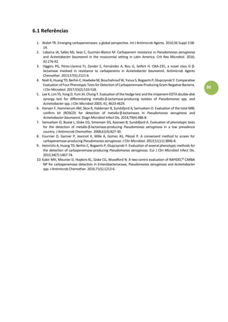 30
6.1 Referências
1. Walsh TR. Emerging carbapenemases: a global perspective. Int J Antimicrob Agents. 2010;36 Suppl 3:S8-
14.
2. Labarca JA, Salles MJ, Seas C, Guzmán-Blanco M. Carbapenem resistance in Pseudomonas aeruginosa
and Acinetobacter baumannii in the nosocomial setting in Latin America. Crit Rev Microbiol. 2016;
42:276-92.
3. Higgins PG, Pérez-Llarena FJ, Zander E, Fernández A, Bou G, Seifert H. OXA-235, a novel class D β-
lactamase involved in resistance to carbapenems in Acinetobacter baumannii. Antimicrob Agents
Chemother. 2013;57(5):2121-6
4. NoëlA,HuangTD,BerhinC,HoebekeM,BouchahroufW,YunusS,BogaertsP,GlupczynskiY.Comparative
EvaluationofFourPhenotypicTestsforDetectionofCarbapenemase-ProducingGram-NegativeBacteria.
J Clin Microbiol. 2017;55(2):510-518.
5. Lee K, Lim YS, Yong D, Yum JH,Chong Y.Evaluation of theHodgetest and the imipenem-EDTA double-disk
synergy test for differentiating metallo-β-lactamase-producing isolates of Pseudomonas spp. and
Acinetobacter spp. J Clin Microbiol 2003; 41, 4623-4629.
6. Hansen F, Hammerum AM, Skov R, Haldorsen B, Sundsfjord A, Samuelsen O. Evaluation of the total MBL
confirm kit (ROSCO) for detection of metallo-β-lactamases in Pseudomonas aeruginosa and
Acinetobacter baumannii. Diagn Microbiol Infect Dis. 2014;79(4):486-8.
7. Samuelsen O, Buarø L, Giske CG, Simonsen GS, Aasnaes B, Sundsfjord A. Evaluation of phenotypic tests
for the detection of metallo-β-lactamase-producing Pseudomonas aeruginosa in a low prevalence
country. J Antimicrob Chemother. 2008;61(4):827-30.
8. Fournier D, Garnier P, Jeannot K, Mille A, Gomez AS, Plésiat P. A convenient method to screen for
carbapenemase-producing Pseudomonas aeruginosa. J Clin Microbiol. 2013;51(11):3846-8.
9. Heinrichs A, Huang TD, Berhin C, Bogaerts P, Glupczynski Y. Evaluation of several phenotypic methods for
the detection of carbapenemase-producing Pseudomonas aeruginosa. Eur J Clin Microbiol Infect Dis.
2015;34(7):1467-74.
10.Kabir MH, Meunier D, Hopkins KL, Giske CG, Woodford N. A two-centre evaluation of RAPIDEC® CARBA
NP for carbapenemase detection in Enterobacteriaceae, Pseudomonas aeruginosa and Acinetobacter
spp. J Antimicrob Chemother. 2016;71(5):1213-6.
 