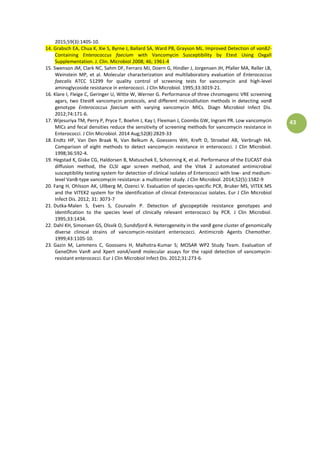 43
2015;59(3):1405-10.
14. Grabsch EA, Chua K, Xie S, Byrne J, Ballard SA, Ward PB, Grayson ML. Improved Detection of vanB2-
Containing Enterococcus faecium with Vancomycin Susceptibility by Etest Using Oxgall
Supplementation. J. Clin. Microbiol 2008; 46; 1961-4
15. Swenson JM, Clark NC, Sahm DF, Ferraro MJ, Doern G, Hindler J, Jorgensen JH, Pfaller MA, Reller LB,
Weinstein MP, et al. Molecular characterization and multilaboratory evaluation of Enterococcus
faecalis ATCC 51299 for quality control of screening tests for vancomycin and high-level
aminoglycoside resistance in enterococci. J Clin Microbiol. 1995;33:3019-21.
16. Klare I, Fleige C, Geringer U, Witte W, Werner G. Performance of three chromogenic VRE screening
agars, two EtestR vancomycin protocols, and different microdilution methods in detecting vanB
genotype Enterococcus faecium with varying vancomycin MICs. Diagn Microbiol Infect Dis.
2012;74:171-6.
17. Wijesuriya TM, Perry P, Pryce T, Boehm J, Kay I, Flexman J, Coombs GW, Ingram PR. Low vancomycin
MICs and fecal densities reduce the sensitivity of screening methods for vancomycin resistance in
Enterococci. J Clin Microbiol. 2014 Aug;52(8):2829-33
18. Endtz HP, Van Den Braak N, Van Belkum A, Goessens WH, Kreft D, Stroebel AB, Verbrugh HA.
Comparison of eight methods to detect vancomycin resistance in enterococci. J Clin Microbiol.
1998;36:592-4.
19. Hegstad K, Giske CG, Haldorsen B, Matuschek E, Schonning K, et al. Performance of the EUCAST disk
diffusion method, the CLSI agar screen method, and the Vitek 2 automated antimicrobial
susceptibility testing system for detection of clinical isolates of Enterococci with low- and medium-
level VanB-type vancomycin resistance: a multicenter study. J Clin Microbiol. 2014;52(5):1582-9
20. Fang H, Ohlsson AK, Ullberg M, Ozenci V. Evaluation of species-specific PCR, Bruker MS, VITEK MS
and the VITEK2 system for the identification of clinical Enterococcus isolates. Eur J Clin Microbiol
Infect Dis. 2012; 31: 3073-7
21. Dutka-Malen S, Evers S, Courvalin P. Detection of glycopeptide resistance genotypes and
identification to the species level of clinically relevant enterococci by PCR. J Clin Microbiol.
1995;33:1434.
22. Dahl KH, Simonsen GS, Olsvik O, Sundsfjord A. Heterogeneity in the vanB gene cluster of genomically
diverse clinical strains of vancomycin-resistant enterococci. Antimicrob Agents Chemother.
1999;43:1105-10.
23. Gazin M, Lammens C, Goossens H, Malhotra-Kumar S; MOSAR WP2 Study Team. Evaluation of
GeneOhm VanR and Xpert vanA/vanB molecular assays for the rapid detection of vancomycin-
resistant enterococci. Eur J Clin Microbiol Infect Dis. 2012;31:273-6.
 