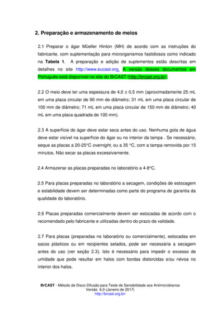 BrCAST - Método de Disco-Difusão para Teste de Sensibilidade aos Antimicrobianos
Versão 6.0 (Janeiro de 2017)
http://brcast.org.br/
Preparação e armazenamento de meios
2 1 Preparar o ágar Müeller Hinton (MH) de acordo com as instruções do
fabricante, com suplementação para microrganismos fastidiosos como indicado
na Tabela 1. A preparação e adição de suplementos estão descritas em
detalhes no site http://www.eucast.org. A versão desses documentos em
Português está disponível no site do BrCAST (http://brcast.org.br).
2 2 O meio deve ter uma espessura de 4,0 ± 0,5 mm (aproximadamente 25 mL
em uma placa circular de 90 mm de diâmetro; 31 mL em uma placa circular de
100 mm de diâmetro; 71 mL em uma placa circular de 150 mm de diâmetro; 40
mL em uma placa quadrada de 100 mm).
2 A superfície do ágar deve estar seca antes do uso. Nenhuma gota de água
deve estar visível na superfície do ágar ou no interior da tampa . Se necessário,
seque as placas a 20-25°C overnight, ou a 35 °C, com a tampa removida por 15
minutos. Não secar as placas excessivamente.
2 Armazenar as placas preparadas no laboratório a -8°C.
2 Para placas preparadas no laboratório a secagem, condições de estocagem
e estabilidade devem ser determinadas como parte do programa de garantia da
qualidade do laboratório.
2.6 Placas preparadas comercialmente devem ser estocadas de acordo com o
recomendado pelo fabricante e utilizadas dentro do prazo de validade.
2 Para placas (preparadas no laboratório ou comercialmente), estocadas em
sacos plásticos ou em recipientes selados, pode ser necessária a secagem
antes do uso (ver seção 2. . Isto é necessário para impedir o excesso de
umidade que pode resultar em halos com bordas distorcidas e/ou névoa no
interior dos halos.
 
