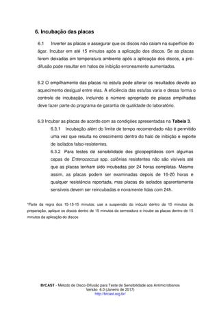 BrCAST - Método de Disco-Difusão para Teste de Sensibilidade aos Antimicrobianos
Versão 6.0 (Janeiro de 2017)
http://brcast.org.br/
Incubação das placas
6 1 Inverter as placas e assegurar que os discos não caiam na superfície do
ágar. Incubar em até 15 minutos após a aplicação dos discos. Se as placas
forem deixadas em temperatura ambiente após a aplicação dos discos, a pré-
difusão pode resultar em halos de inibição erroneamente aumentados.
6 2 O empilhamento das placas na estufa pode alterar os resultados devido ao
aquecimento desigual entre elas. A eficiência das estufas varia e dessa forma o
controle de incubação, incluindo o número apropriado de placas empilhadas
deve fazer parte do programa de garantia de qualidade do laboratório.
6.3 Incubar as placas de acordo com as condições apresentadas na Tabela 3.
6 1 Incubação além do limite de tempo recomendado não é permitido
uma vez que resulta no crescimento dentro do halo de inibição e reporte
de isolados falso-resistentes.
6 2 Para testes de sensibilidade dos glicopeptídeos com algumas
cepas de Enterococcus spp. colônias resistentes não são visíveis até
que as placas tenham sido incubadas por 24 horas completas. Mesmo
assim, as placas podem ser examinadas depois de 16-20 horas e
qualquer resistência reportada, mas placas de isolados aparentemente
sensíveis devem ser reincubadas e novamente lidas com 24h.
Parte da regra dos 15-15-15 minutos: use a suspensão do inóculo dentro de 15 minutos de
preparação, aplique os discos dentro de 15 minutos da semeadura e incube as placas dentro de 15
minutos da aplicação do discos
 