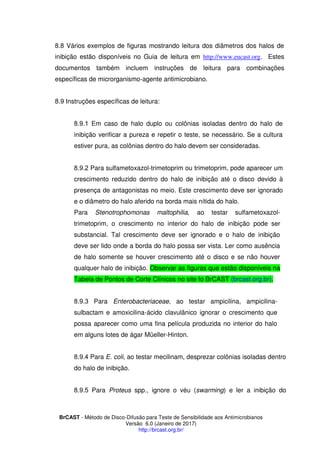 BrCAST - Método de Disco-Difusão para Teste de Sensibilidade aos Antimicrobianos
Versão 6.0 (Janeiro de 2017)
http://brcast.org.br/
Vários exemplos de figuras mostrando leitura dos diâmetros dos halos de
inibição estão disponíveis no Guia de leitura em http://www.eucast.org. Estes
documentos também incluem instruções de leitura para combinações
específicas de microrganismo-agente antimicrobiano.
Instruções específicas de leitura:
1 Em caso de halo duplo ou colônias isoladas dentro do halo de
inibição verificar a pureza e repetir o teste, se necessário. Se a cultura
estiver pura, as colônias dentro do halo devem ser consideradas.
2 Para sulfametoxazol-trimetoprim ou trimetoprim, pode aparecer um
crescimento reduzido dentro do halo de inibição até o disco devido à
presença de antagonistas no meio. Este crescimento deve ser ignorado
e o diâmetro do halo aferido na borda mais nítida do halo.
Para Stenotrophomonas maltophilia, ao testar sulfametoxazol-
trimetoprim, o crescimento no interior do halo de inibição pode ser
substancial. Tal crescimento deve ser ignorado e o halo de inibição
deve ser lido onde a borda do halo possa ser vista. Ler como ausência
de halo somente se houver crescimento até o disco e se não houver
qualquer halo de inibição. Observar as figuras que estão disponíveis na
Tabela de Pontos de Corte Clínicos no site fo BrCAST (brcast.org.br).
Para Enterobacteriaceae, ao testar ampicilina, ampicilina-
sulbactam e amoxicilina-ácido clavulânico ignorar o crescimento que
possa aparecer como uma fina película produzida no interior do halo
em alguns lotes de ágar Müeller-Hinton.
Para E. coli, ao testar mecilinam, desprezar colônias isoladas dentro
do halo de inibição.
Para Proteus spp., ignore o véu (swarming) e ler a inibição do
 