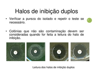 8
Halos de inibição duplos
• Verificar a pureza do isolado e repetir o teste se
necessário.
• Colônias que não são contaminação devem ser
consideradas quando for feita a leitura do halo de
inibição.
Leitura dos halos de inibição duplos
 