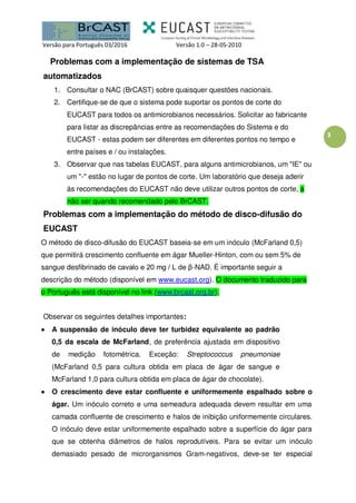 Versão para Português 03/2016 Versão 1.0 – 28-05-2010
3
Problemas com a implementação de sistemas de TSA
automatizados
1. Consultar o NAC (BrCAST) sobre quaisquer questões nacionais.
2. Certifique-se de que o sistema pode suportar os pontos de corte do
EUCAST para todos os antimicrobianos necessários. Solicitar ao fabricante
para listar as discrepâncias entre as recomendações do Sistema e do
EUCAST - estas podem ser diferentes em diferentes pontos no tempo e
entre países e / ou instalações.
3. Observar que nas tabelas EUCAST, para alguns antimicrobianos, um "IE" ou
um "-" estão no lugar de pontos de corte. Um laboratório que deseja aderir
às recomendações do EUCAST não deve utilizar outros pontos de corte, a
não ser quando recomendado pelo BrCAST.
Problemas com a implementação do método de disco-difusão do
EUCAST
O método de disco-difusão do EUCAST baseia-se em um inóculo (McFarland 0,5)
que permitirá crescimento confluente em ágar Mueller-Hinton, com ou sem 5% de
sangue desfibrinado de cavalo e 20 mg / L de β-NAD. É importante seguir a
descrição do método (disponível em www.eucast.org). O documento traduzido para
o Português está disponível no link (www.brcast.org.br).
Observar os seguintes detalhes importantes:
 A suspensão de inóculo deve ter turbidez equivalente ao padrão
0,5 da escala de McFarland, de preferência ajustada em dispositivo
de medição fotométrica. Exceção: Streptococcus pneumoniae
(McFarland 0,5 para cultura obtida em placa de ágar de sangue e
McFarland 1,0 para cultura obtida em placa de ágar de chocolate).
 O crescimento deve estar confluente e uniformemente espalhado sobre o
ágar. Um inóculo correto e uma semeadura adequada devem resultar em uma
camada confluente de crescimento e halos de inibição uniformemente circulares.
O inóculo deve estar uniformemente espalhado sobre a superfície do ágar para
que se obtenha diâmetros de halos reprodutíveis. Para se evitar um inóculo
demasiado pesado de microrganismos Gram-negativos, deve-se ter especial
 