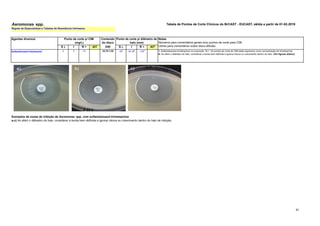61
Aeromonas spp. Tabela de Pontos de Corte Clínicos do BrCAST - EUCAST, ฀
válida a partir de 01-02-2019
S ч I R > AIT S ш I R < AIT
Sulfametoxazol-trimetoprim
1 2 4 >4 23,75-1,25 19
A
16-18
A
<16
A 1. Sulfametoxazol-trimetoprima na proporção 19:1. Os pontos de corte de CIM estão expressos como concentração de trimetoprima.
A. Ao aferir o diâmetro do halo, considerar a borda bem definida e ignorar névoa ou crescimento dentro do halo. (Ver figuras abaixo).
Exemplos de zonas de inibição de Aeromonas spp. com sulfametoxazol-trimetoprima
a-c) Ao aferir o diâmetro do halo, considerar a borda bem definida e ignorar névoa ou crescimento dentro do halo de inibição.
Agentes diversos Conteúdo
do disco
(µg)
Regras de Especialistas e Tabelas de Resistência Intrínseca.
Notas
Números para comentários gerais e/ou pontos de corte para CIM.
Letras para comentários sobre disco-difusão.
Ponto de corte p/ diâmetro do
halo (mm)
Ponto de corte p/ CIM
(mg/L)
 
