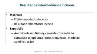 Resultados intermediários incluem…
• Incerteza
– Efeito terapêutico incerto
– Resultado laboratorial incerto
• Exposição
– Antimicrobiano fisiologicamente concentrado
– Estratégia terapêutica (dose, frequência, modo de
administração)
Redefinição S, I e R 2019 - www.eucast.org
 