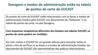 Dosagens e modos de administração estão na tabela
de pontos de corte do EUCAST
Os pontos de corte do EUCAST estão relacionados com as doses e modos de
ad i istraçãoàlistadosàpeloàEUCá“Tà osàdo u e tosàdoà Rationale àeà aà
tabela de pontos de corte, na aba Dosagens.
Com esquemas terapêuticos diferentes dos listados nas tabelas EUCAST, os
pontos de corte podem ser inválidos.
Por este motivo o EUCAST fez um grande esforço para consultar todos os
países a fim de verificar se as doses e o modos de administração listados nos
documentos do EUCAST são representativos das práticas internacionais.
Redefinição S, I e R 2019 - www.eucast.org
 