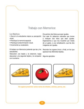 Trabajo con Memorice:
Los Objetivos:                                Encuentren dos fotos que sean iguales.
• Que el o la estudiante mejore su percepción Con este fin debemos indicarles que tomen
visual.                                       o indiquen dos fotos que sean iguales.
• Practique la memoria espacial.              Esperaremos a que nos muestren por medio
• Practique la discriminación visual.         de un gesto, o una verbalización, que las dos
• Incremente su vocabulario.                  imágenes son iguales.

El trabajo con Memorice pretende que las y los Recordar los lugares (inicio y final), en los que
estudiantes:                                   aparecen las diferentes tarjetas.
Descubran una tarjeta y la observen, luego
descubran una segunda tarjeta y la comparen Algunos ejemplos:
con la anterior.




            Se sugiere presentar varias series de árboles, aviones, perros, etc.




                                              20
 