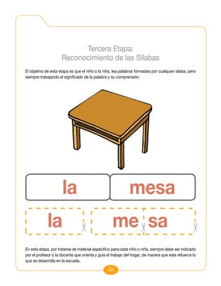 Tercera Etapa:
                     Reconocimiento de las Sílabas
El objetivo de esta etapa es que el niño o la niña, lea palabras formadas por cualquier sílaba, pero
siempre trabajando el significado de la palabra y su comprensión.




                     la                                      mesa
             la                                    me sa
En esta etapa, por tratarse de material específico para cada niño o niña, siempre debe ser indicado
por el profesor o la docente que orienta y guía el trabajo del hogar, de manera que este refuerce lo
que se desarrolla en la escuela.

                                                24
 