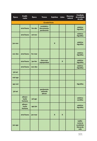 101
atraifauna fev-abr
canaladoe
descamante,
pardacento
seletiva
higrófita
atraifauna set-nov
seletiva
higrófita
jun-nov X
seletiva
higrófita
nov-dez atraifauna fev-mar
seletiva
higrófita
atraifauna jan-fev
clarocom
sapopembas
X
seletiva
higrófita
atraifauna nov-dez
seletiva
higrófita
jul-set
mai-ago
ago-out higrófita
jul-set
pardacento
soltando
placas
alimen-
tação
humana
jul-ago
seletiva
xerófita
alimen-
tação
humana
ago-jan
seletiva
higrófita
atraifauna jan-mar X X
jun-ago
indife-
renteàs
condições
físicasdo
solo
Época
Frutifi-
cação
Época Tronco Espinhos Látex
Desrama
natural
Condição
deumidade
dosolo
GrandePorte
 