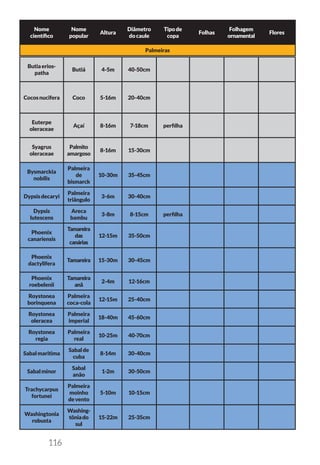 116
Nome
científico
Nome
popular
Altura
Diâmetro
docaule
Tipode
copa
Folhas
Folhagem
ornamental
Flores
Palmeiras
Butiaerios-
patha
Butiá 4-5m 40-50cm
Cocosnucifera Coco 5-16m 20-40cm
Euterpe
oleraceae
Açaí 8-16m 7-18cm perfilha
Syagrus
oleraceae
Palmito
amargoso
8-16m 15-30cm
Bysmarckia
nobilis
Palmeira
de
bismarck
10-30m 35-45cm
Dypsisdecaryi
Palmeira
triângulo
3-6m 30-40cm
Dypsis
lutescens
Areca
bambu
3-8m 8-15cm perfilha
Phoenix
canariensis
Tamareira
das
canárias
12-15m 35-50cm
Phoenix
dactylifera
Tamareira 15-30m 30-45cm
Phoenix
roebelenii
Tamareira
anã
2-4m 12-16cm
Roystonea
borinquena
Palmeira
coca-cola
12-15m 25-40cm
Roystonea
oleracea
Palmeira
imperial
18-40m 45-60cm
Roystonea
regia
Palmeira
real
10-25m 40-70cm
Sabalmaritima
Sabalde
cuba
8-14m 30-40cm
Sabalminor
Sabal
anão
1-2m 30-50cm
Trachycarpus
fortunei
Palmeira
moinho
devento
5-10m 10-15cm
Washingtonia
robusta
Washing-
tôniado
sul
15-22m 25-35cm
 